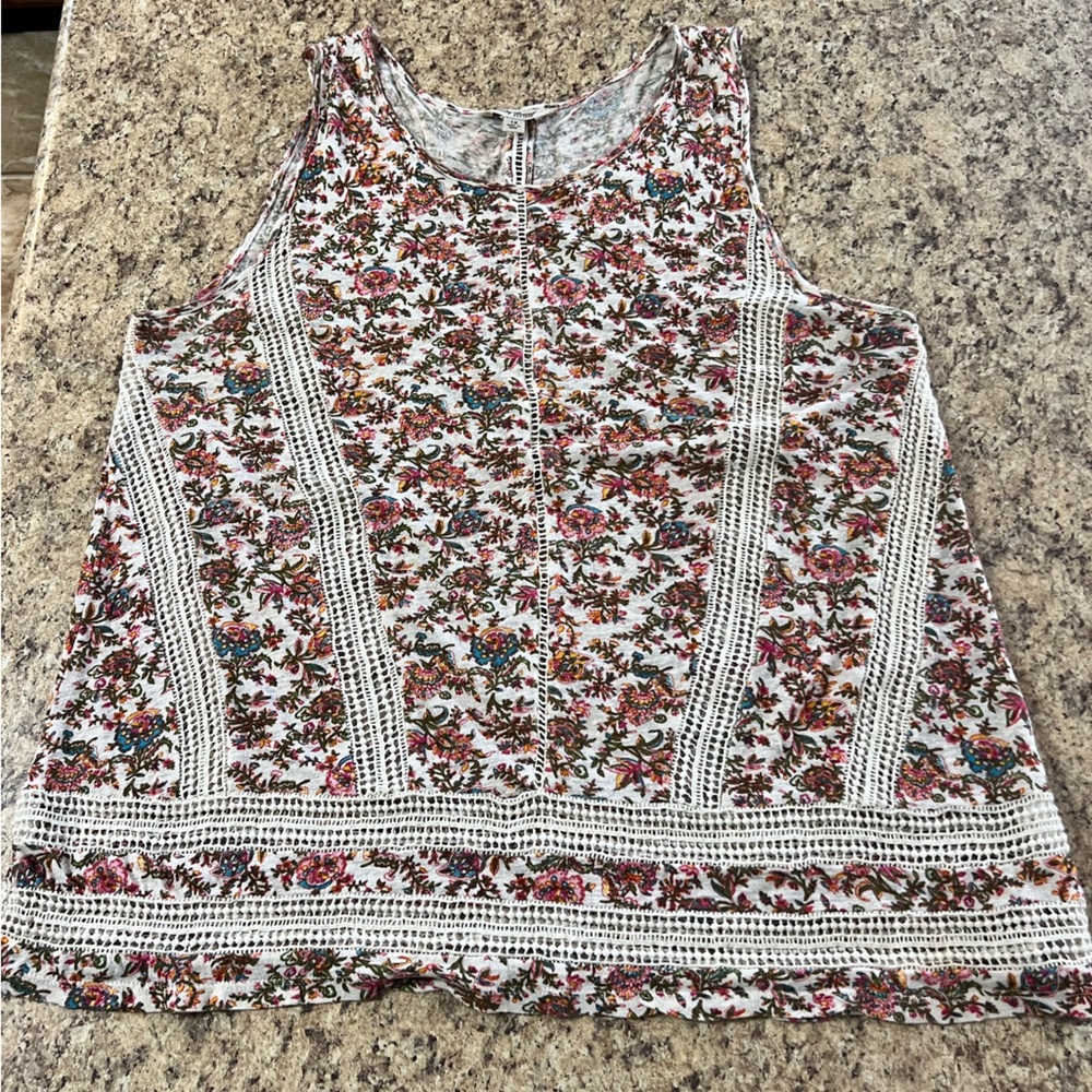 Lucky Brand Floral Crochet-Trim boho Tank with Pink & Teal Accents